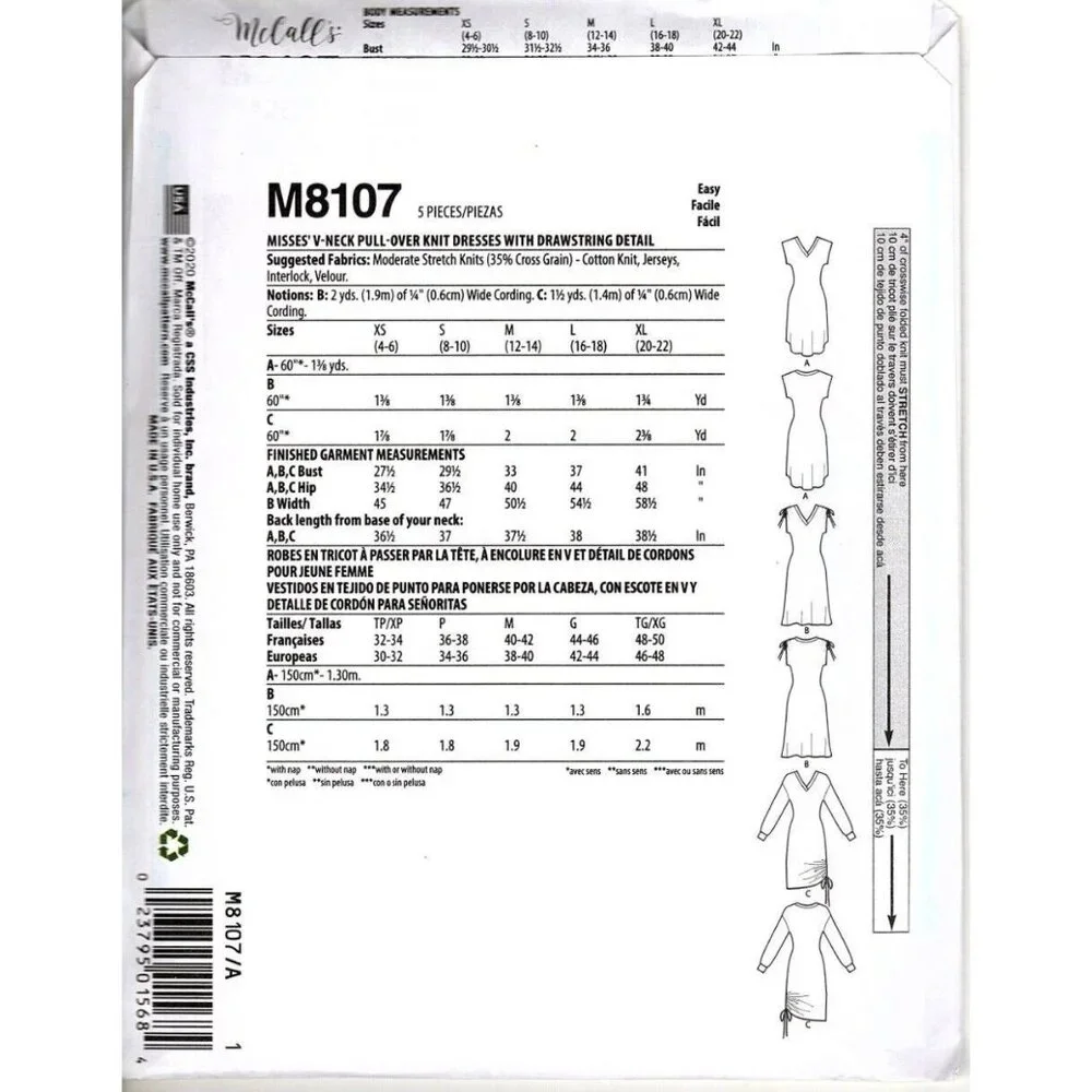 McCall's M8107 Misses XS to XL V-Neck Knit Drawstring Dress Uncut Sewing Pattern - Picture 2 of 2